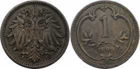 1 Heller 1899 
RDR – Habsburg – Österreich, KAISERREICH ÖSTERREICH. Franz Joseph I. (1848-1916). 1 Heller 1899. Bronze. KM 2800. Fast Stempelglanz. S...