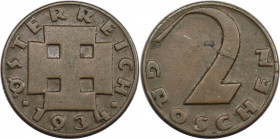 2 Groschen 1934 
RDR – Habsburg – Österreich, REPUBLIK ÖSTERREICH. 2 Groschen 1934. Bronze. KM 2837. Vorzüglich. Seltenster Jahrgang!