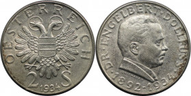 2 Schilling 1934 
RDR – Habsburg – Österreich, REPUBLIK ÖSTERREICH. Engelbert Dollfuß. 2 Schilling 1934. 12,0 g. 0.640 Silber. 0.25 OZ. KM 2852. Stem...