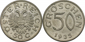 50 Groschen 1935 
RDR – Habsburg – Österreich, REPUBLIK ÖSTERREICH. 50 Groschen 1935. Kupfer-Nickel. KM 2854. Stempelglanz