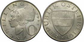 10 Schilling 1957 
RDR – Habsburg – Österreich, REPUBLIK ÖSTERREICH. 10 Schilling 1957. 7,5 g. 0.640 Silber. 0.15 OZ. KM 2882. Stempelglanz