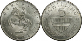 5 Schilling 1960 
RDR – Habsburg – Österreich, REPUBLIK ÖSTERREICH. 5 Schilling 1960. 5,20 g. 0.640 Silber. 0.1 OZ. KM 2889. Stempelglanz