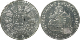 25 Schilling 1961 
RDR – Habsburg – Österreich, REPUBLIK ÖSTERREICH. 40 Jahre Burgenland. 25 Schilling 1961. 13,0 g. 0.800 Silber. 0.33 OZ. KM 2891. ...