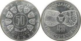 50 Schilling 1963 
RDR – Habsburg – Österreich, REPUBLIK ÖSTERREICH. 600 Jahre Tirol. 50 Schilling 1963. 20,0 g. 0.900 Silber. 0.58 OZ. KM 2894. Stem...