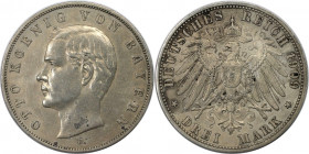 3 Mark 1909 D
Deutsche Münzen und Medaillen ab 1871, REICHSSILBERMÜNZEN. Bayern. Otto (1886-1913). 3 Mark 1909 D. Silber. Jaeger 47. Sehr Schön-Vorzü...