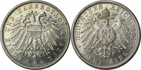 2 Mark 1904 A
Deutsche Münzen und Medaillen ab 1871, REICHSSILBERMÜNZEN, Lübeck. 2 Mark 1904 A. Silber. Jaeger 81. Stempelglanz