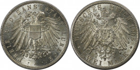 2 Mark 1905 A
Deutsche Münzen und Medaillen ab 1871, REICHSSILBERMÜNZEN, Lübeck. 2 Mark 1905 A. Silber. Jaeger 81. Stempelglanz