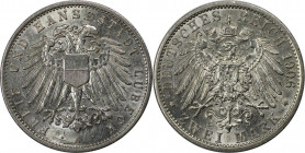 2 Mark 1906 A
Deutsche Münzen und Medaillen ab 1871, REICHSSILBERMÜNZEN, Lübeck. 2 Mark 1906 A. Silber. Jaeger 81. Stempelglanz