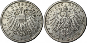 2 Mark 1907 A
Deutsche Münzen und Medaillen ab 1871, REICHSSILBERMÜNZEN, Lübeck. 2 Mark 1907 A. Silber. Jaeger 81. Vorzüglich