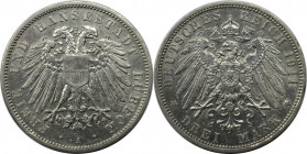3 Mark 1911 A
Deutsche Münzen und Medaillen ab 1871, REICHSSILBERMÜNZEN, Lübeck. 3 Mark 1911 A. Silber. Jaeger 82. Vorzüglich-stempelglanz