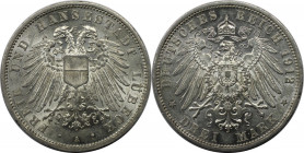 3 Mark 1912 A
Deutsche Münzen und Medaillen ab 1871, REICHSSILBERMÜNZEN, Lübeck. 3 Mark 1912 A. Silber. Jaeger 82. Stempelglanz