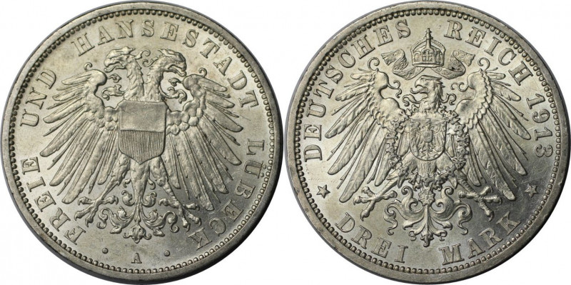 3 Mark 1913 A
Deutsche Münzen und Medaillen ab 1871, REICHSSILBERMÜNZEN, Lübeck...