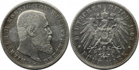 5 Mark 1903 F
Deutsche Münzen und Medaillen ab 1871, REICHSSILBERMÜNZEN, Württemberg. Wilhelm II. (1891-1918). 5 Mark 1903 F. Silber. Jaeger 176. Seh...