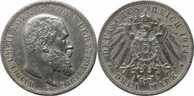 3 Mark 1914 F
Deutsche Münzen und Medaillen ab 1871, REICHSSILBERMÜNZEN, Württemberg. Wilhelm II. (1891-1918). 3 Mark 1914 F. Silber. Jaeger 175. Vor...