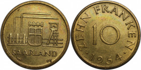 10 Franken 1954 
Deutsche Münzen und Medaillen ab 1871, DEUTSCHE NEBENGEBIETE. Saarland. 10 Franken 1954. Jaeger 801. Stempelglanz