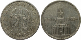2 Reichmark 1934 D
Deutsche Münzen und Medaillen ab 1871, 3. Reich 1933-1945. Garnisonskirche Potsdam. 2 Reichmark 1934 D. Silber. Jaeger 355. Vorzüg...