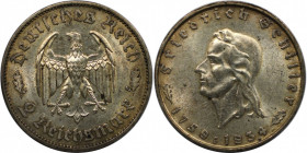 2 Reichsmark 1934 F
Deutsche Münzen und Medaillen ab 1871, 3. REICH 1933-1945. Friedrich Schiller. 2 Reichsmark 1934 F, zum 175. Geburtstag von Fried...