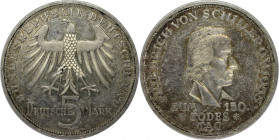5 Mark 1955 F
Deutsche Münzen und Medaillen ab 1945, BUNDESREPUBLIK DEUTSCHLAND. 5 Mark 1955 F. Zum 150. Todestag von Friedrich von Schiller. Silber....