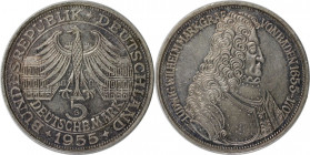5 Mark 1955 G
Deutsche Münzen und Medaillen ab 1945, BUNDESREPUBLIK DEUTSCHLAND. Ludwig Wilhelm Markgraf von Baden (1655 - 1707). 5 Mark 1955 G, Silb...