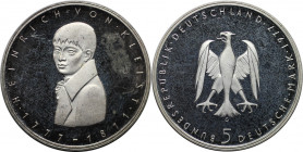 5 Mark 1977 G
Deutsche Münzen und Medaillen ab 1945, BUNDESREPUBLIK DEUTSCHLAND. Heinrich von Kleist. 5 Mark 1977 G, Silber. KM 146. Jaeger 421. Poli...