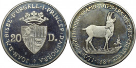 20 Diners 1984 
Europäische Münzen und Medaillen, Andorra. Gazelle. 20 Diners 1984. 16,0 g. 0.835 Silber. 0.43 OZ. KM 24. Polierte Platte, Patina, mi...