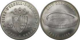 20 Diners 1988 
Europäische Münzen und Medaillen, Andorra. Olympische Sommerspiele 1988 in Seoul - Stadion. 20 Diners 1988. 16,0 g. 0.900 Silber. 0.4...