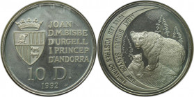 10 Diners 1992 
Europäische Münzen und Medaillen, Andorra. Braunbär. 10 Diners 1992. 31,10 g. 0.925 Silber. 0.93 OZ. KM 76. Polierte Platte