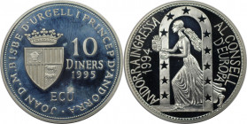 10 Diners 1995 
Europäische Münzen und Medaillen, Andorra. Beitritt zum Europarat. 10 Diners 1995. 31,60 g. 0.925 Silber. 0.93 OZ. KM 108. Polierte P...