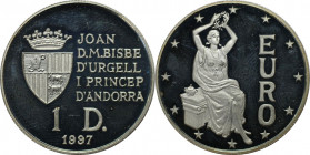 1 Diner 1997 
Europäische Münzen und Medaillen, Andorra. Europa mit Lorbeerkranz. 1 Diner 1997. 10,0 g. 0.500 Silber. 0.16 OZ. KM 127. Polierte Platt...
