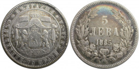 5 Lewa 1885 
Europäische Münzen und Medaillen, Bulgarien / Bulgaria. Alexander I. (1879-1886). 5 Lewa 1885. Silber. KM 7. Sehr schön. Patina