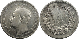 5 Lewa 1892 
Europäische Münzen und Medaillen, Bulgarien / Bulgaria. Ferdinand I. (1887-1918). 5 Lewa 1892, Silber. KM 15. Sehr schön+