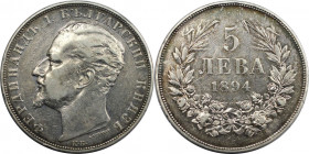 5 Lewa 1894 
Europäische Münzen und Medaillen, Bulgarien / Bulgaria. Ferdinand I. (1887-1918). 5 Lewa 1894. Silber. KM 18. Sehr schön+. Patina