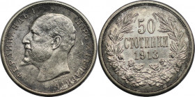 50 Stotinki 1913 
Europäische Münzen und Medaillen, Bulgarien / Bulgaria. Ferdinand I. 50 Stotinki 1913. Silber. KM 30. Vorzüglich