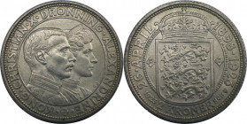 2 Kroner 1923 
Europäische Münzen und Medaillen, Dänemark / Denmark. Christian X. & Alexandrine. Silberhochzeit. 2 Kroner 1923. 15,0 g. 0.800 Silber....