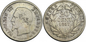 20 Centimes 1857 A
Europäische Münzen und Medaillen, Frankreich / France. Napoleon III. (1852-1870). 20 Centimes 1857 A. Silber. KM 778.1. Schön+