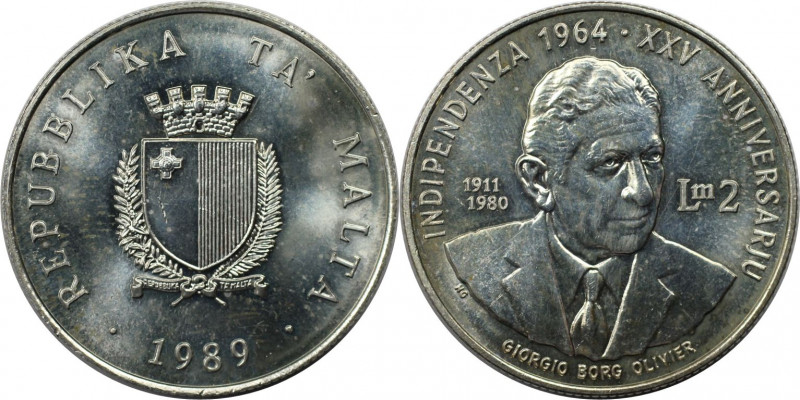 2 Liri 1989 
Europäische Münzen und Medaillen, Malta. 25. Jahrestag der Unabhän...