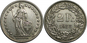 2 Franken 1955 B
Europäische Münzen und Medaillen, Schweiz / Switzerland. Helvetia. 2 Franken 1955 B. Silber. KM 21. Fast Vorzüglich