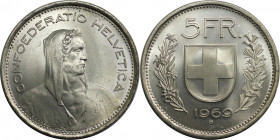 5 Franken 1969 B
Europäische Münzen und Medaillen, Schweiz / Switzerland. 5 Franken 1969 B. 15,0 g. 0.835 Silber. 0.40 OZ. KM 40. Stempelglanz