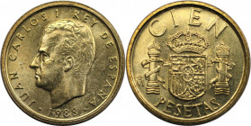 100 Pesetas 1988 
Europäische Münzen und Medaillen, Spanien / Spain. Juan Carlos I. 100 Pesetas 1988. Aluminium-Bronze. KM 826. Fast Stempelglanz