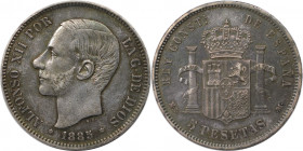 5 Pesetas 1885 MS - M
Europäische Münzen und Medaillen, Spanien / Spain. Alfonso XII. (1874-1885). 5 Pesetas 1885 MS - M. Silber. KM 688. Sehr schön+...