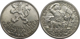 100 Kronen 1949 
Europäische Münzen und Medaillen, Tschechoslowakei / Czechoslovakia. 700 Jahre Bergbau in Jihlava. 100 Kronen 1949. 14,0 g. 0.500 Si...
