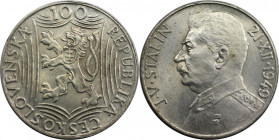 100 Kronen 1949 
Europäische Münzen und Medaillen, Tschechoslowakei / Czechoslovakia. 70. Geburtstag von Josef Stalin. 100 Kronen 1949. 14,0 g. 0.500...
