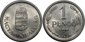 1 Pengö 1942 
Europäische Münzen und Medaillen, Ungarn / Hungary. 1 Pengö 1942. Aluminium. KM 521. Fast Stempelglanz