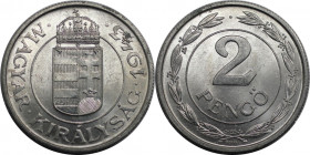 2 Pengö 1943 
Europäische Münzen und Medaillen, Ungarn / Hungary. 2 Pengö 1943. Aluminium. KM 522.1. Stempelglanz