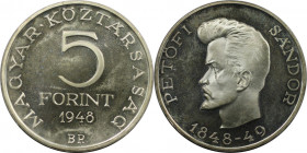 5 Forint 1948 
Europäische Münzen und Medaillen, Ungarn / Hungary. Sandor Petofi. 5 Forint 1948. 12,0 g. 0.500 Silber. 0.19 OZ. KM 537. Polierte Plat...