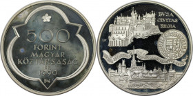 500 Forint 1990 
Europäische Münzen und Medaillen, Ungarn / Hungary. 500. Todestag von König Matthias I. Corvinus - Zwei Residenzen. 500 Forint 1990....