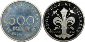 500 Forint 1992 
Europäische Münzen und Medaillen, Ungarn / Hungary. "Karoly Robert Emlekere". 500 Forint 1992. 28,0 g. 0.900 Silber. 0.81 OZ. KM 686...