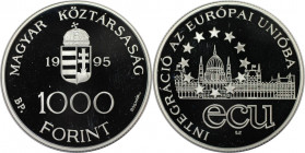 1000 Forint 1995 
Europäische Münzen und Medaillen, Ungarn / Hungary. Europäische Union. 1000 Forint 1995. 31,46 g. 0.925 Silber. 0.94 OZ. KM 720. Po...