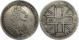 1 Rubel 1724 
Russische Münzen und Medaillen, Peter I. (1699-1725). 1 Rubel 1724, Moskau, Roter Münzhof. Silber. KM 162.4, Dav. 1660. PCGS EF-45