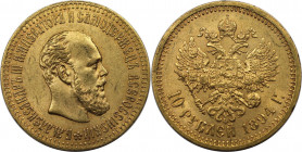 10 Rubel 1894 
Russische Münzen und Medaillen, Alexander III. (1881-1894). 10 Rubel 1894, St. Petersburg. Gold. 12.87 g. Bitkin 23, Fb. 167, Schl. 17...